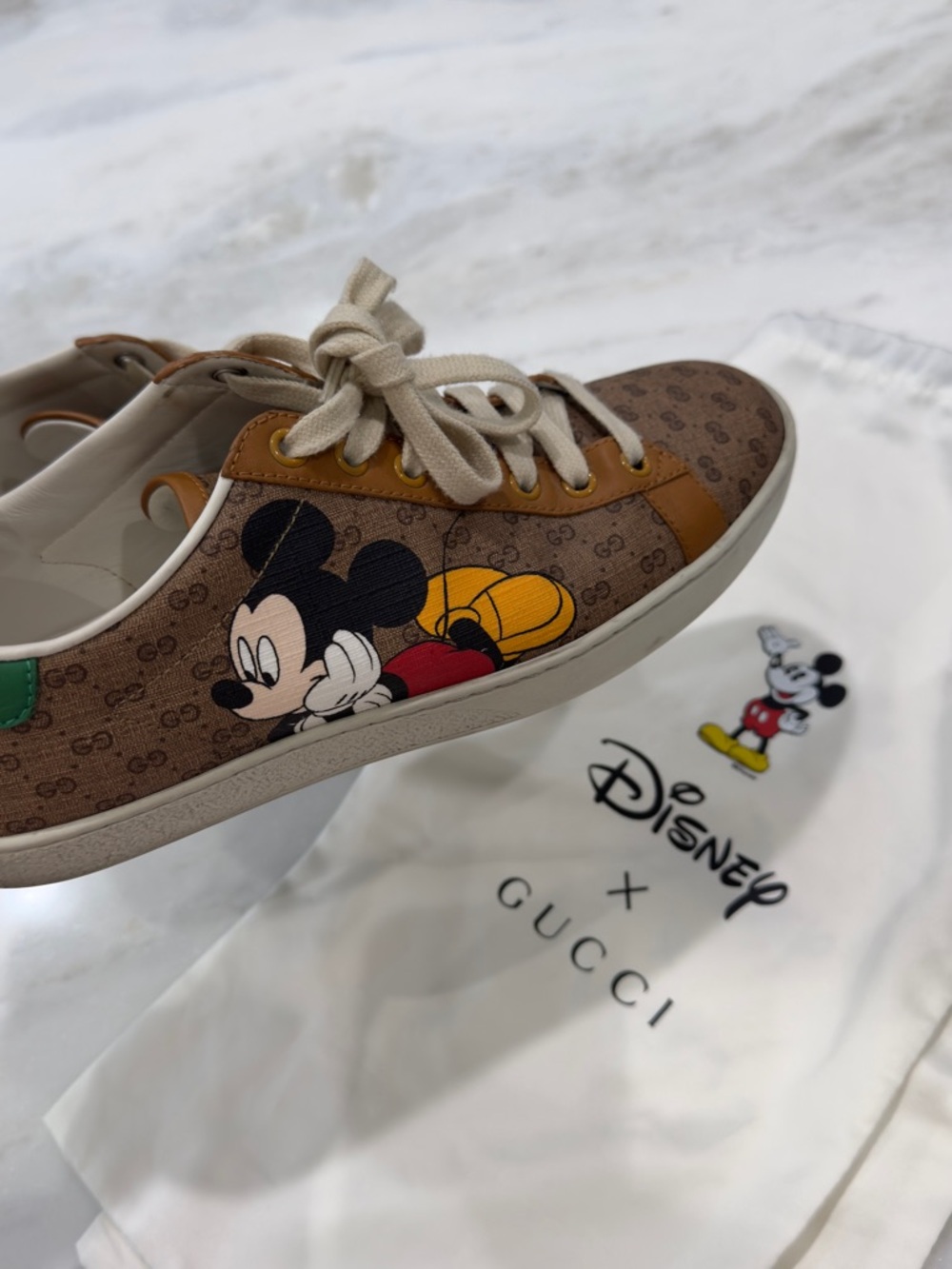 Gucci Brown GG leather Mickey Mouse Sneakers with Green Heel Tab
